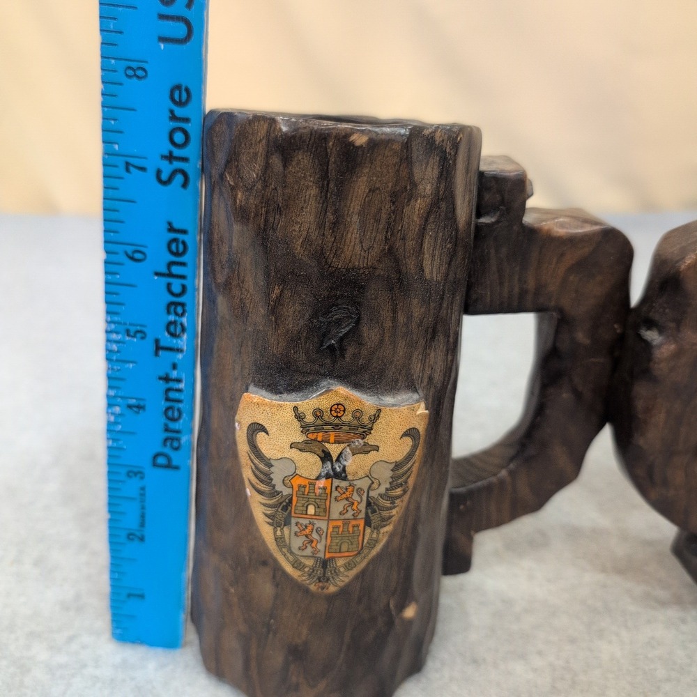 Vintage Hand Carved Wooden Mug Coat of Arms of Toledo, Spain Set of 2 Dark Wood - Picture 8 of 8